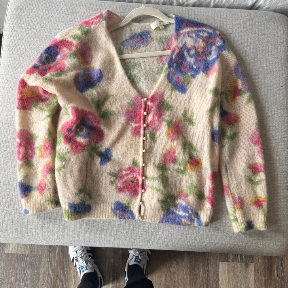 Sezane Cream and Pink Floral Cardigan Sweater